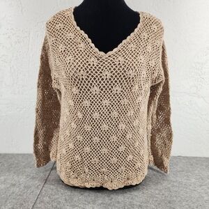 Croft & Barrow Tan‎ Crochet Knit V-Neck Long Sleeve Sweater Boho Womens Medium
